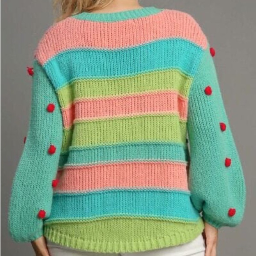 Umgee • Striped Color Block Pom Pom Sweater - Picture 3 of 14